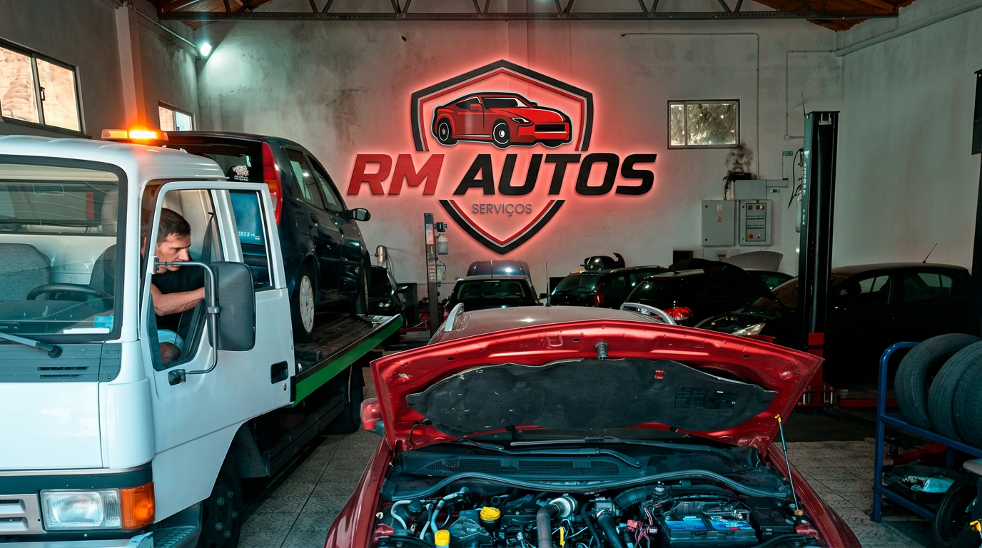 Oficina mecânica RM Autos Serviços em Viseu — interior com viaturas em reparação e letreiro luminoso RM Autos na parede